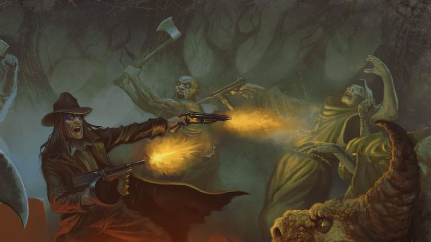 Caleb blasts oncoming cultists with a sawed-off shotgun and a tommy gun.