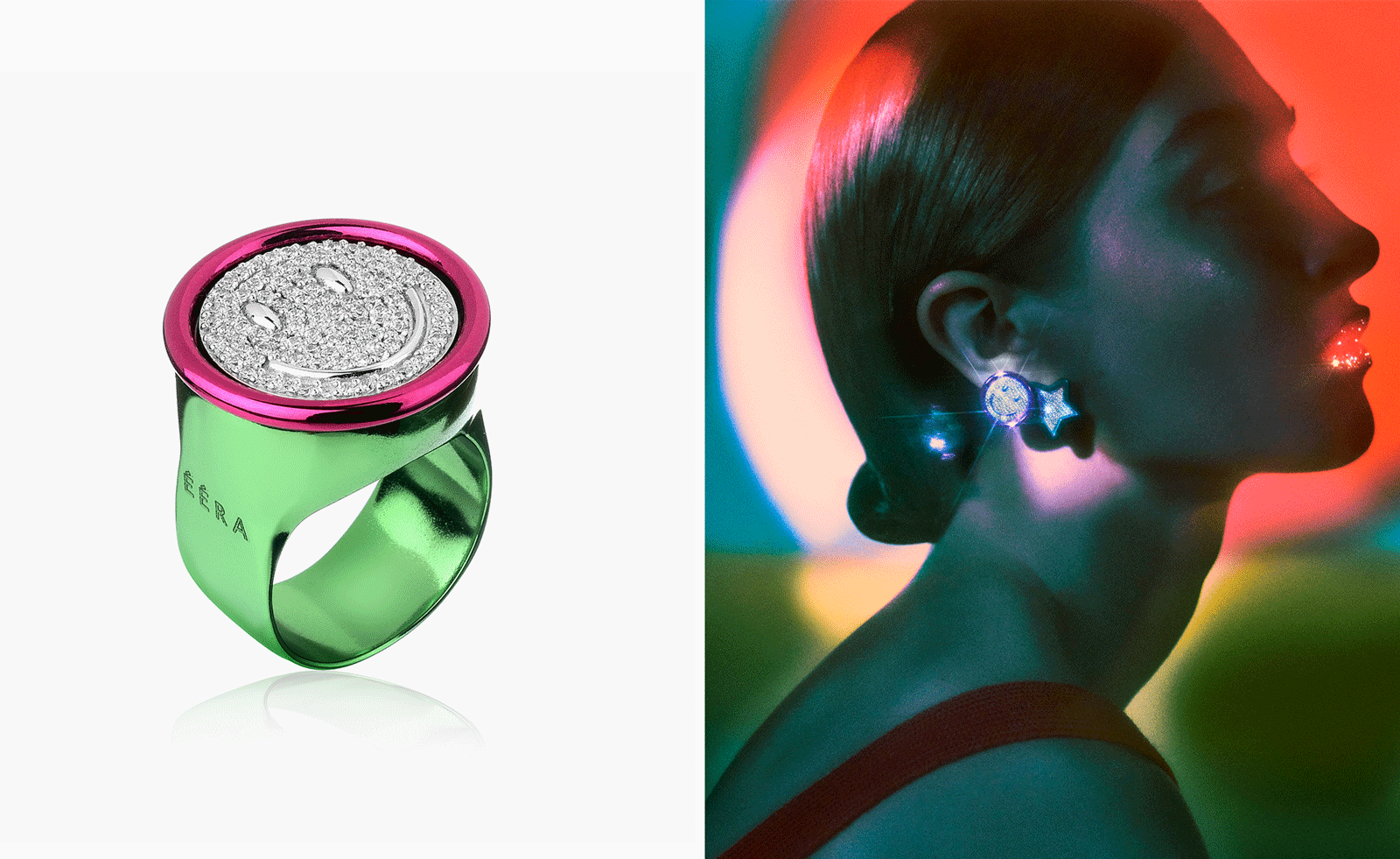 Green and pink neon diamond ring and woman wearing diamond earrings