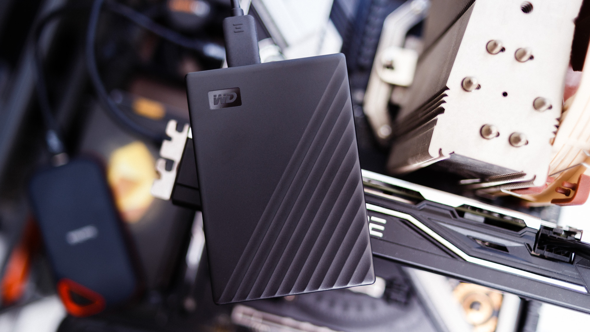 WD My Passport: The Best External Hard Drive sits atop a GPU