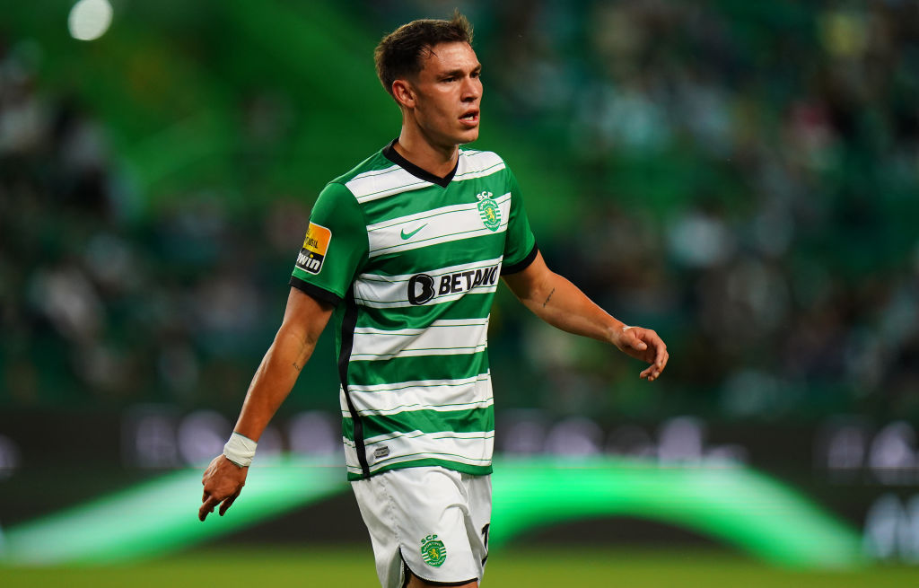 Manuel Ugarte of Sporting CP during the Liga Bwin match between Sporting CP and FC Famalicao at Estadio Jose Alvalade on April 30, 2023 in Lisbon, Portugal.