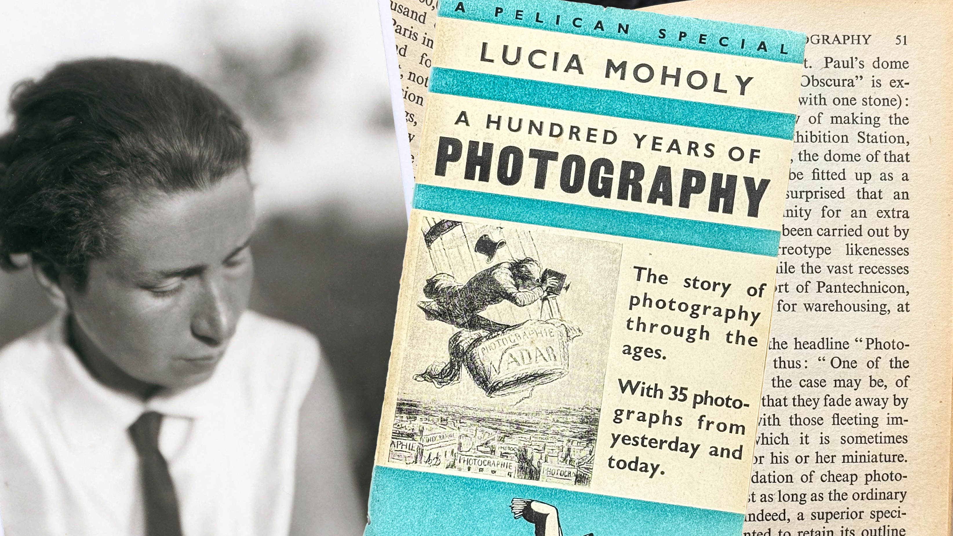Lucia Moholy with the cover and pages of her book on the history of photography