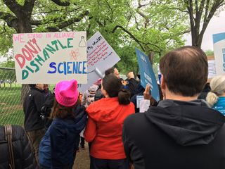 Marchers file onto the National Mall for the March for Science in Washington, D.C., on April 22, 2017.