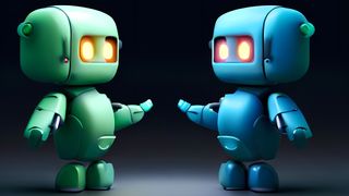 Two robots facing each other one representing ChatGPT the other Bing Chat