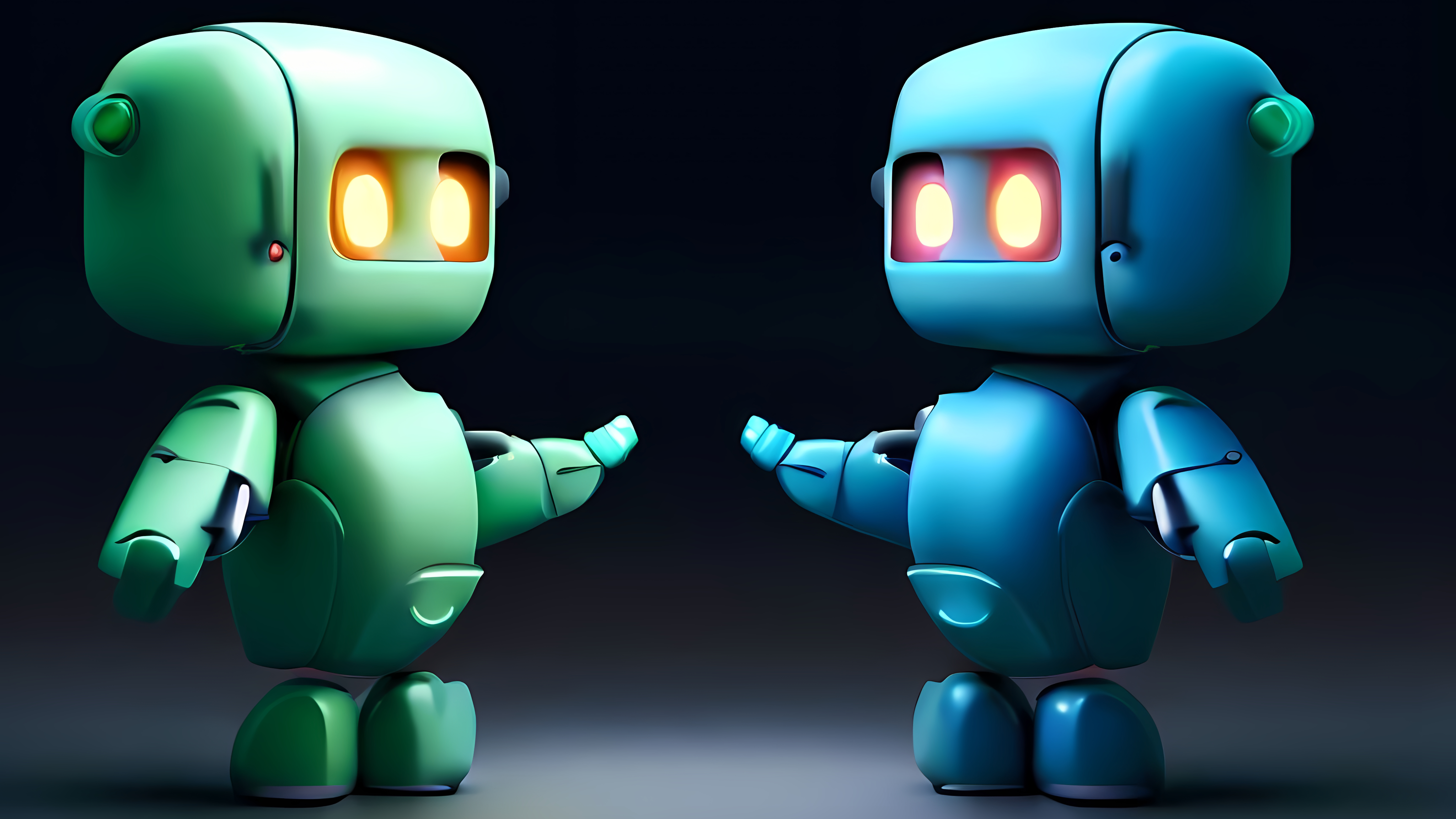 Zwei einander gegenüberstehende Roboter, einer repräsentiert ChatGPT, der andere Bing Chat