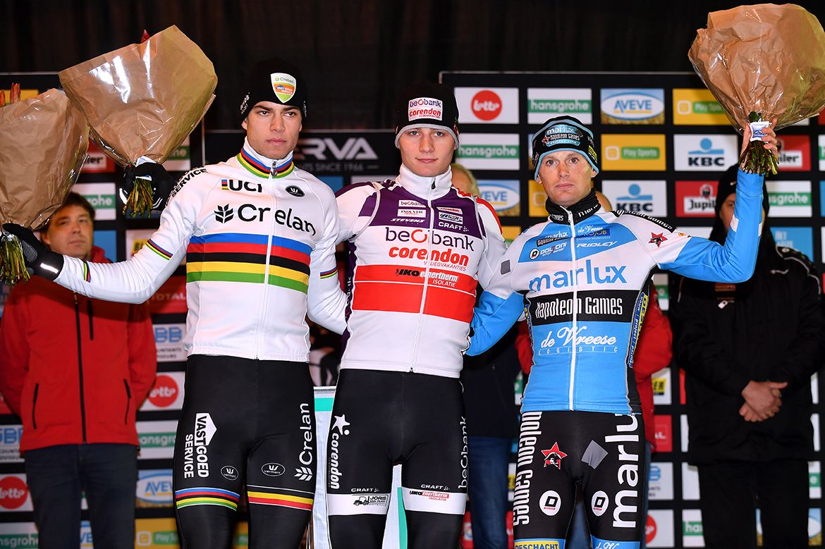 Mathieu van der Poel (Beobank-Corendon) beat Wout Van Aert (Crelan-Vastgoedservice) and Kevin Pauwels (Marlux-Napoleon Games) to win the Superprestige in Diegem.