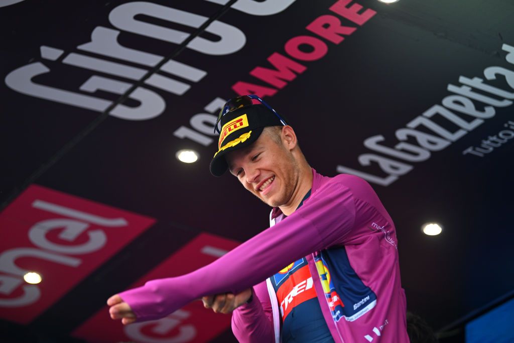 FRANCAVILLA AL MARE ITALY MAY 15 Jonathan Milan of Italy and Team Lidl Trek Purple Points Jersey celebrates at podium during the 107th Giro dItalia 2024 Stage 11 a 207km stage from Foiano di val Fortore to Francavilla al mare UCIWT on May 15 2024 in Francavilla al mare Italy Photo by Dario BelingheriGetty Images