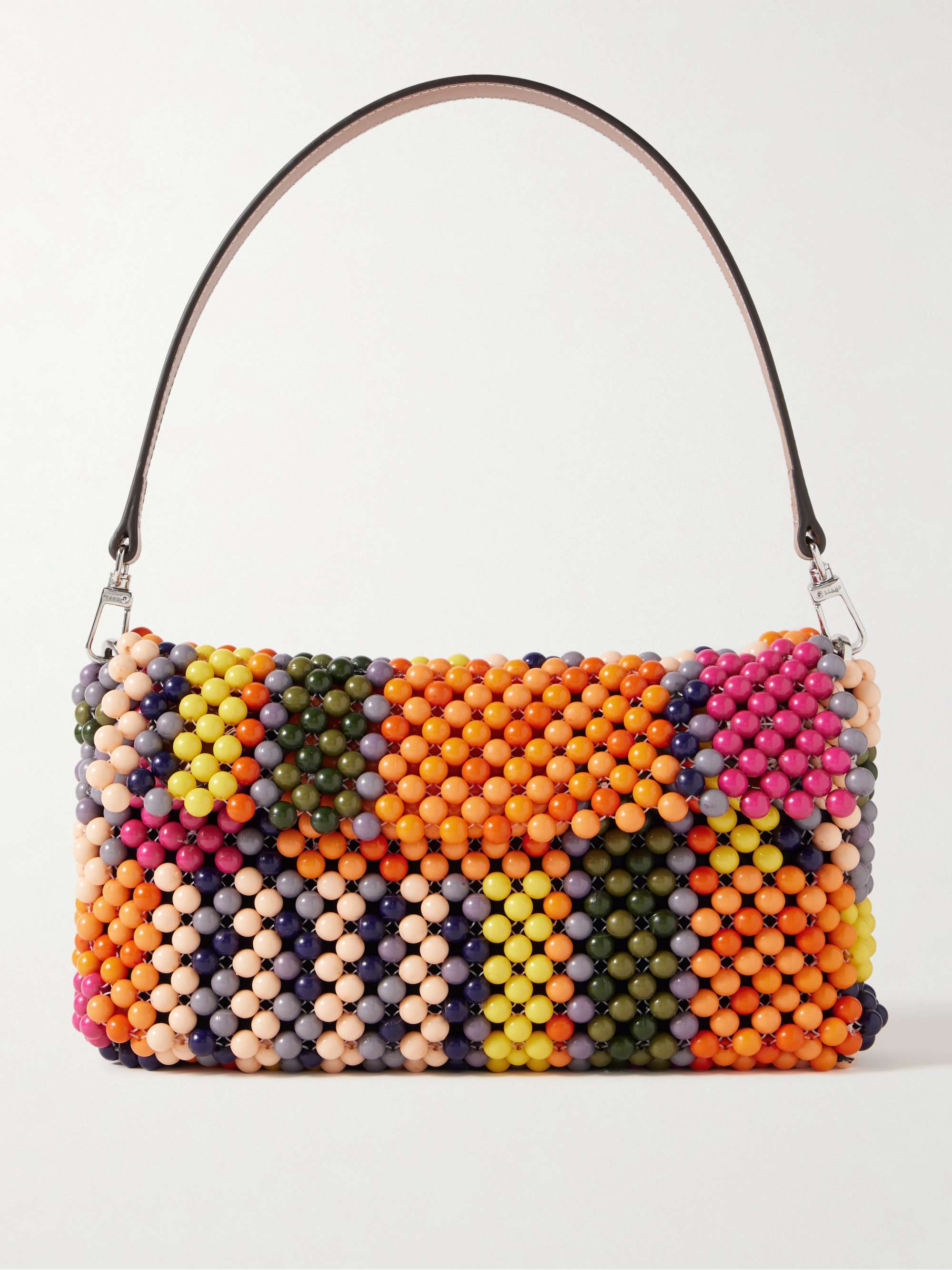 Timmy Leather-Trimmed Beaded Mesh Shoulder Bag