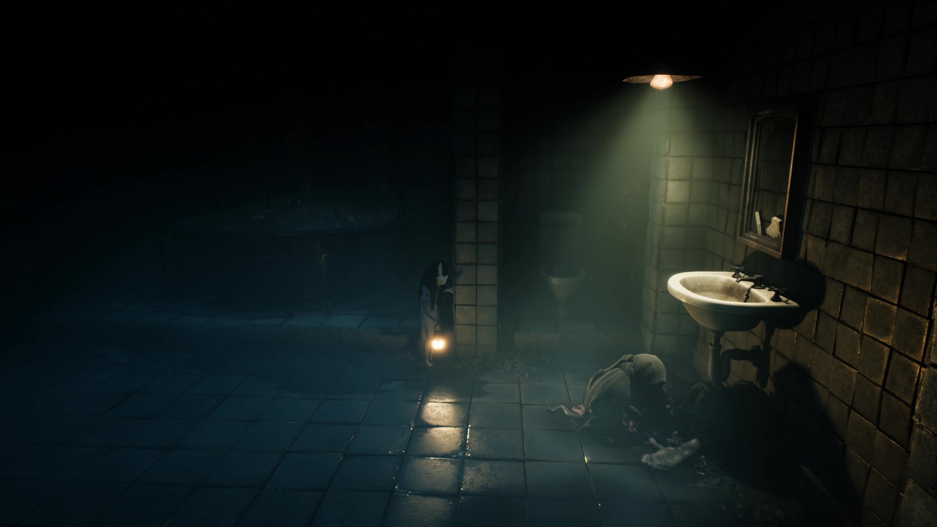 The siblings explore a grimy bathroom in Reanimal