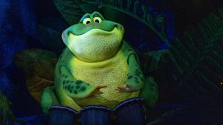 Animatronic frog playing drums in Tiana's Bayou Adventure