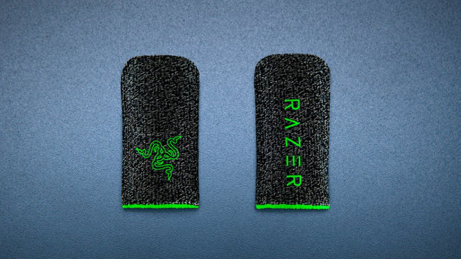 Close up of gaming finger sleeves with razer logos.