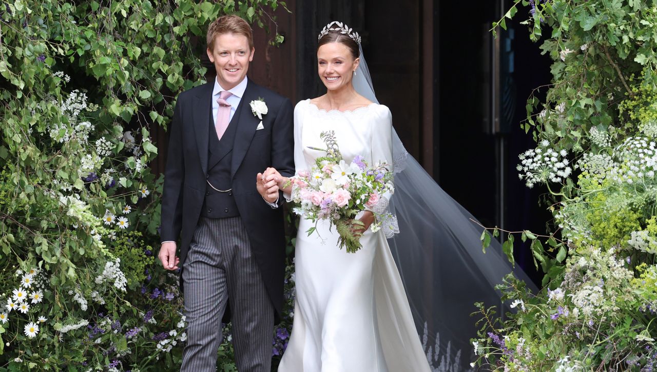 Olivia Henson marries the Duke of Westminster in a boatneck lace wedding dress on June 7