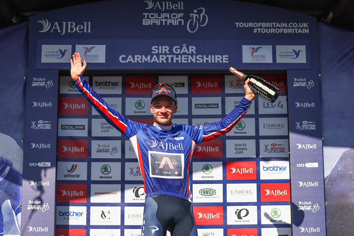 Picture by SWpix.com - 07/09/2021 - Cycling - AJ Bell Tour of Britain Stage 3 - Carmarthenshire Team Time Trial - Llandeilo to National Botanic Garden of Wales, Wales - INEOS Grenadiers' Ethan Hayter takes the AJ Bell leader's jersey after the team time trial.