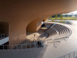 The sunken plaza at the riverside end of the complex