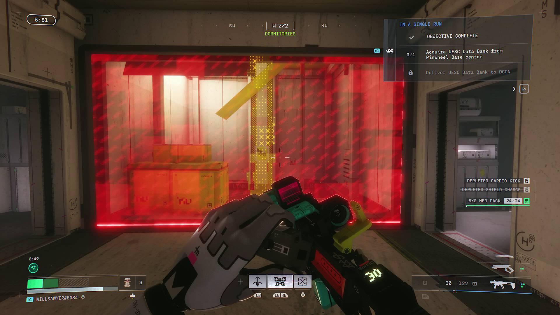 Marathon outpost pinwheel base red laser barrier on bridge blocking lift shaft