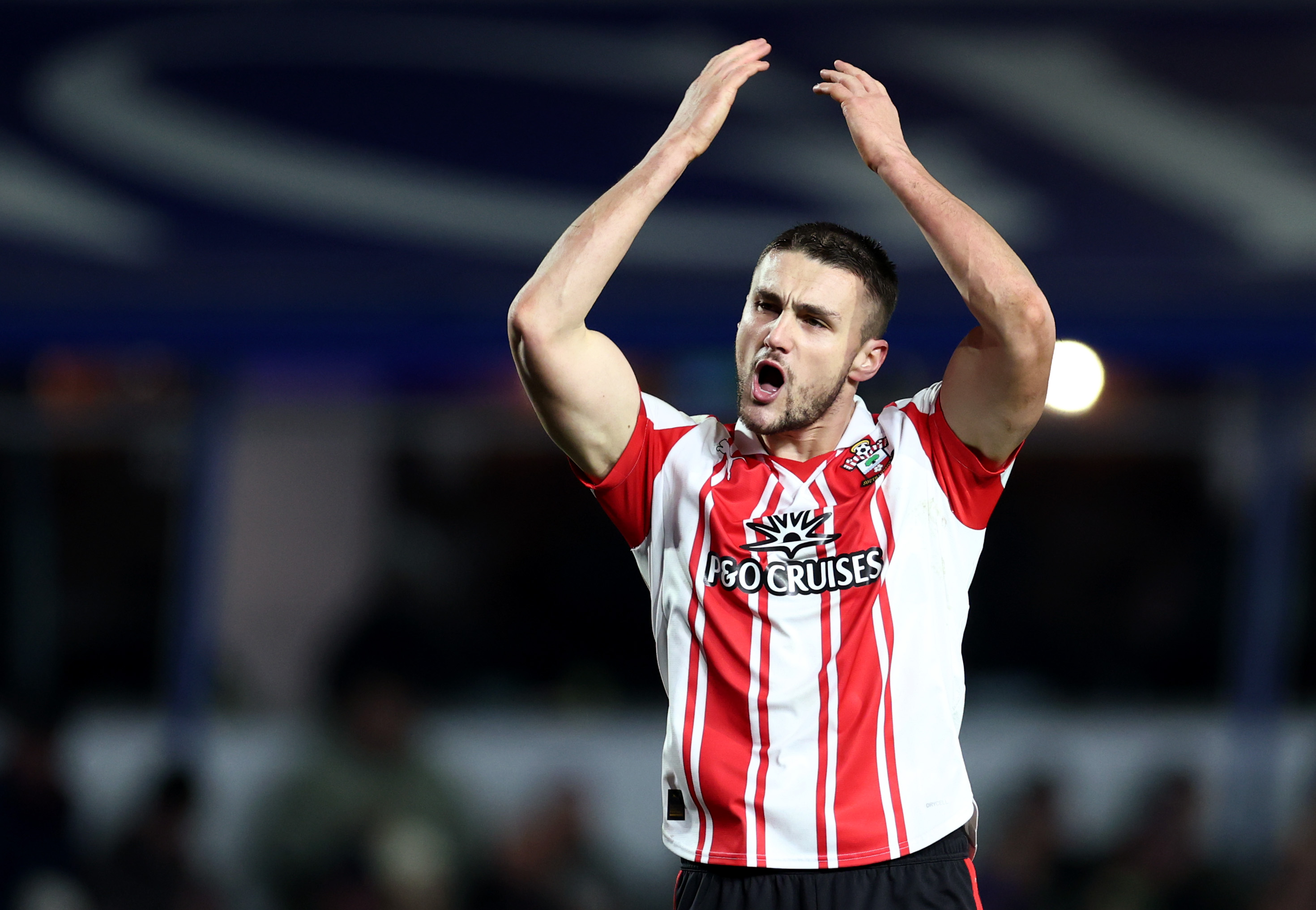 BIRMINGHAM, ENGLAND - DECEMBER 29: Taylor Harwood-Bellis of Southampton gestures to the fans during the Sky Bet Championship match between Birmingham City and Southampton at St Andrew’s at Knighthead Park on December 29, 2025 in Birmingham, England. (Photo by Dan Istitene/Getty Images)