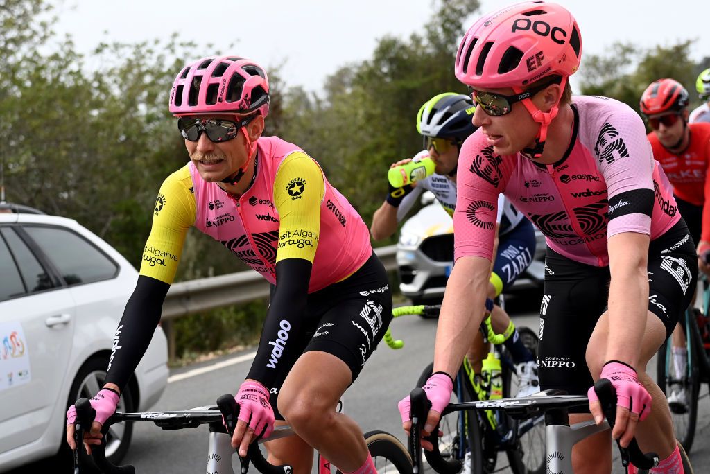 TAVIRA PORTUGAL FEBRUARY 17 LR Magnus Cort Nielsen of Denmark Yellow Leader Jersey and Julius Van Den Berg of The Netherlands and Team EF Education Easypost compete during the 49th Volta ao Algarve em Bicicleta 2023 Stage 3 a 2031km stage from Faro to Tavira VAlgarve2023 on February 17 2023 in Taviria Portugal Photo by Tim de WaeleGetty Images