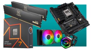 A collage of PC components against a teal background with a white border.