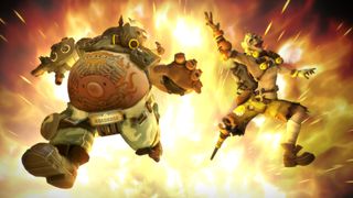 Overwatch 2 Junkrat and Roadhog jumping out of an explosion