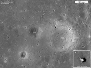 The tracks made in 1969 by astronauts Pete Conrad and Alan Bean, the third and fourth humans to walk on the moon, can be seen in this LRO image of the Apollo 12 site. The location of the descent stage for Apollo 12's lunar module, Intrepid, also can be seen.