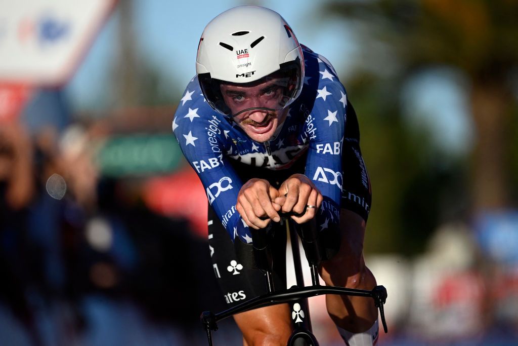 Team UAE's Brandon McNulty competes in the stage 1 of La Vuelta a Espana cycling tour, a 12 km time-trial race from Lisbon to Oeiras, on August 17, 2024. (Photo by MIGUEL RIOPA / AFP)