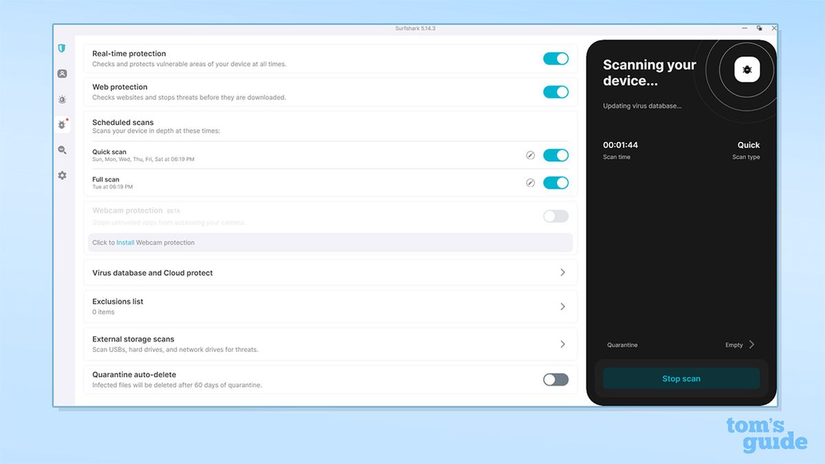 The antivirus tab of the Surfshark Windows app. There are options for real-time protection, web protection, scheduled scans, quick scan, full scan, webcam protection, Virus database and Cloud protect, exclusions list, external storage scans and quarantine auto-deleted. On the right hand side is a widget displaying the fact that Surfshark Antivirus is currently scanning the device.