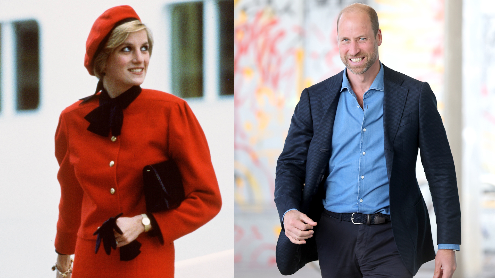 Princess Diana wearing a red suit next to a photo of Prince William walking wearing a blue shirt and navy suit
