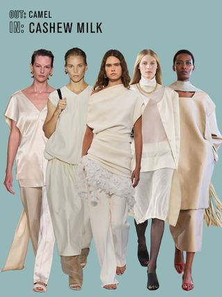 Collage of models wearing shades of cream on the spring/summer 2025 runways.