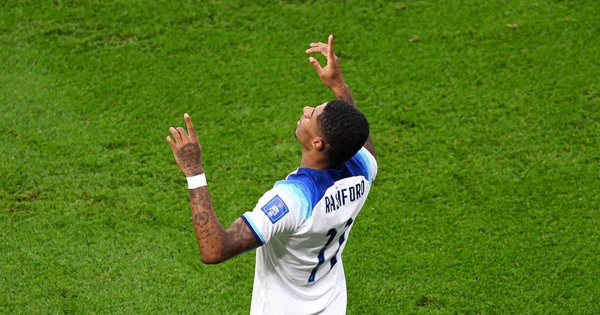 Marcus Rashford of England celebrates after scoring their team&#039;s first goal during the FIFA World Cup Qatar 2022 Group B match between Wales and England at Ahmad Bin Ali Stadium on November 29, 2022 in Doha, Qatar.