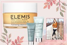 An image of Noella Gabriel alongside three Elemis skincare products