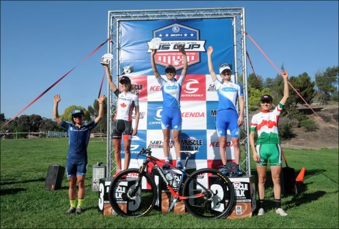 Katerina Nash (Luna Pro Team) atop the elite women's podium at the Bonelli Park race for round 2 of the USA Cycling US Cup Series presented by Sho-Air Cycling Group