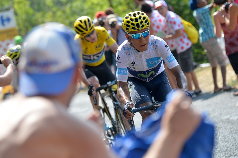 Chris Froome chases down Nairo Quintana during stage 14.