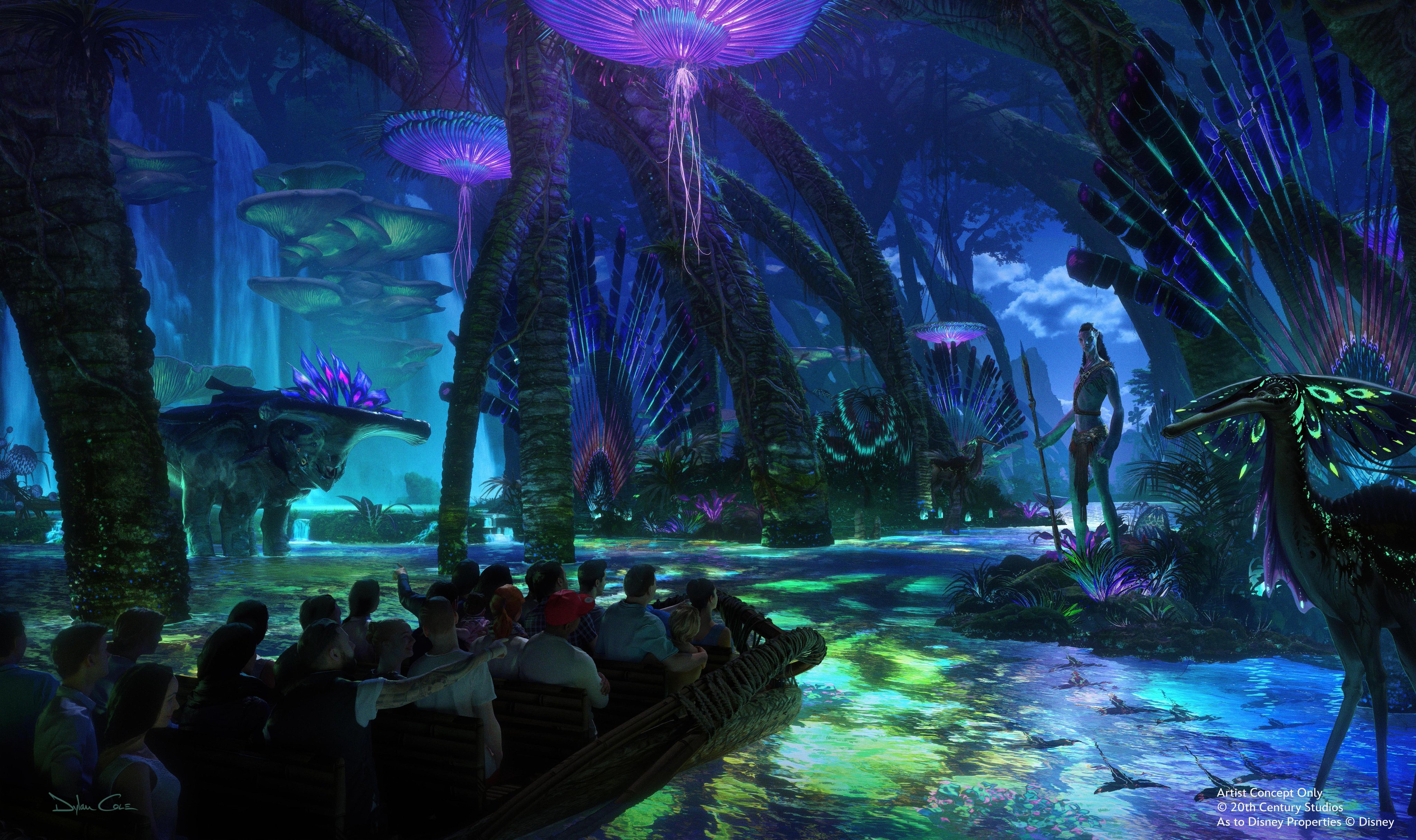 An exotic purple and green boat ride through the rainforest of an alien planet