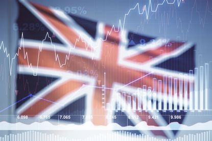 Financial chart hologram on British flag UK equities concept