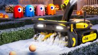 A yellow and black Pac-man branded snow and leaf blower