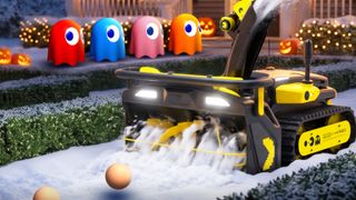 A yellow and black Pac-man branded snow and leaf blower