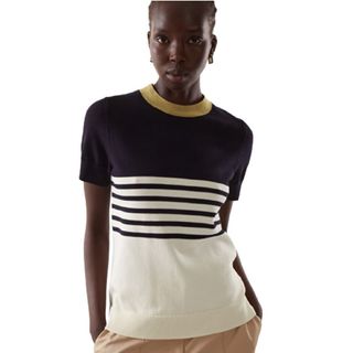 Navy and white short-sleeved t-shirt with stripes and mustard collar 