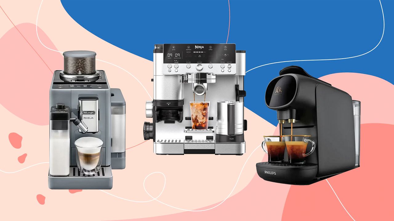 Three of the best coffee machines on a blue and pink Ideal Home background