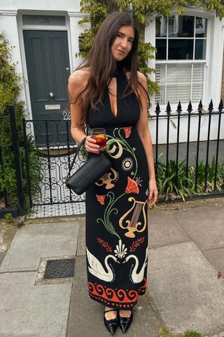 Best black wedding guest dresses Harlie Briggs in black printed kitri dress