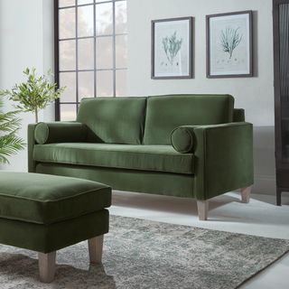 Cox & Cox Toulon Sofa in a bright living room with a large window and a matching footstool