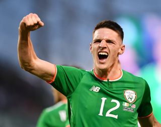 Declan Rice celebrates a Republic of Ireland goal against the United States in 2018.