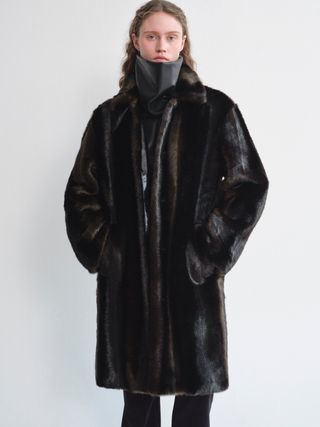 Leather-Trimmed Faux Fur Coat, Dark Mahogany