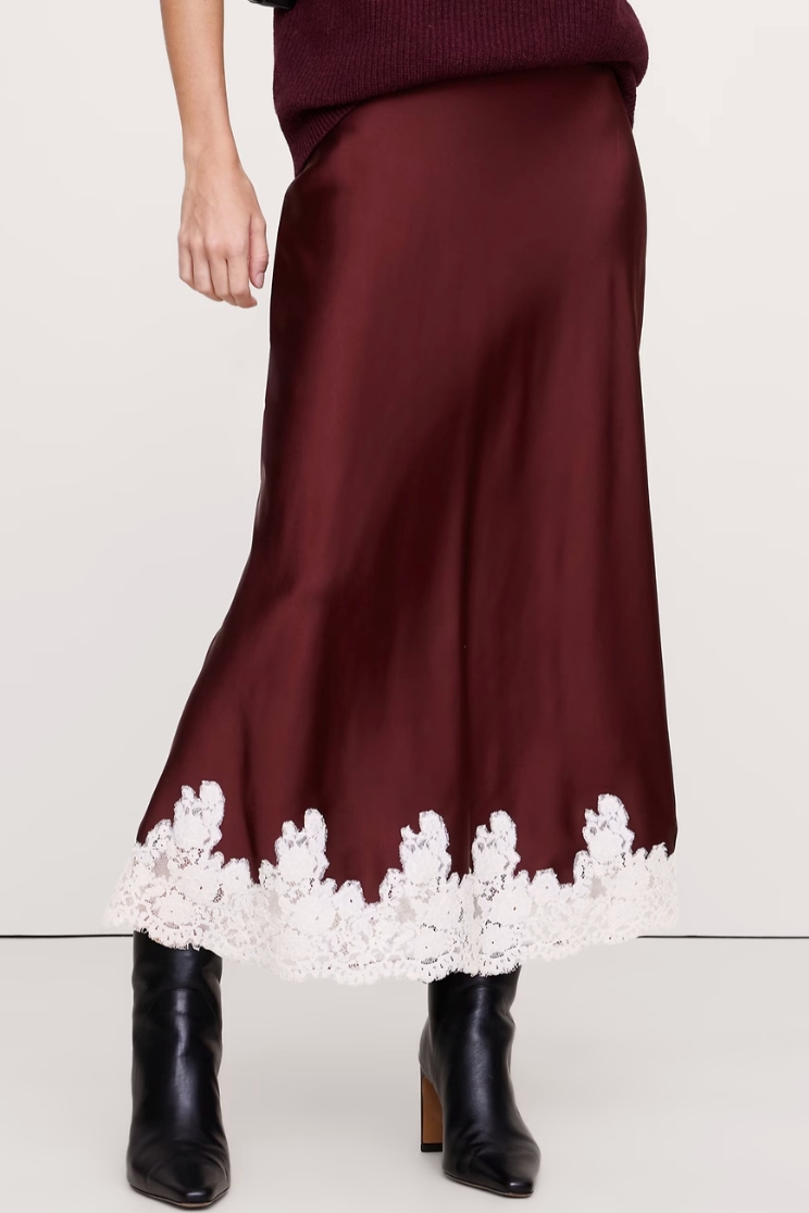 Banana Republic, Stretch-Satin Lace-Hem Midi Skirt