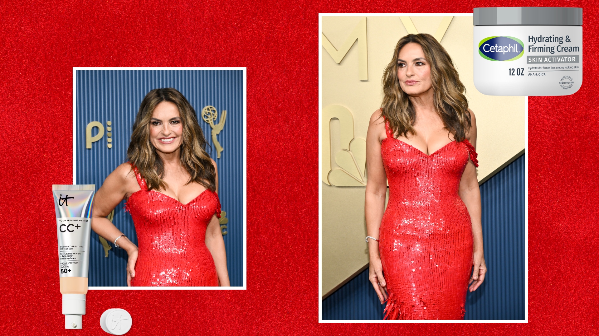 mariska hargitay on a red background next to beauty products at the emmys