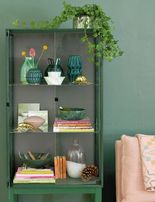 green living room with cupboard and books
