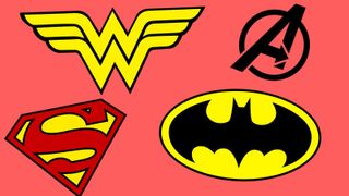 Composite of Superman, Batman, Wonder Woman and Avengers logos on light red background