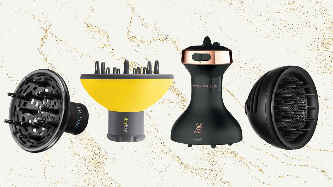 Collage of four of the best diffusers for curly hair from(left to right) Bio:Ionic, Drybar, Bellissima Italia and Dyson, set against a cream and gold marble effect background