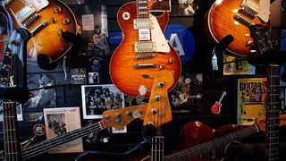 Gibson Les Paul guitars are displayed at the ''30th Street Guitars'' shop on August 13, 2009 in New York City. Guitar pioneer Les Paul died August 13 at the age of 94 due to complications from pneumonia