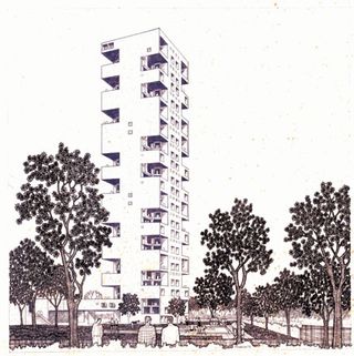 One of Correa's drawings of the Kanchanjunga apartment block