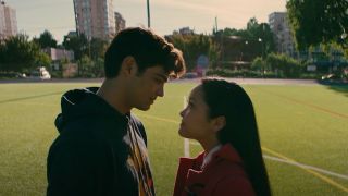 Peter and Lara Jean about to kiss on the lacrosse field