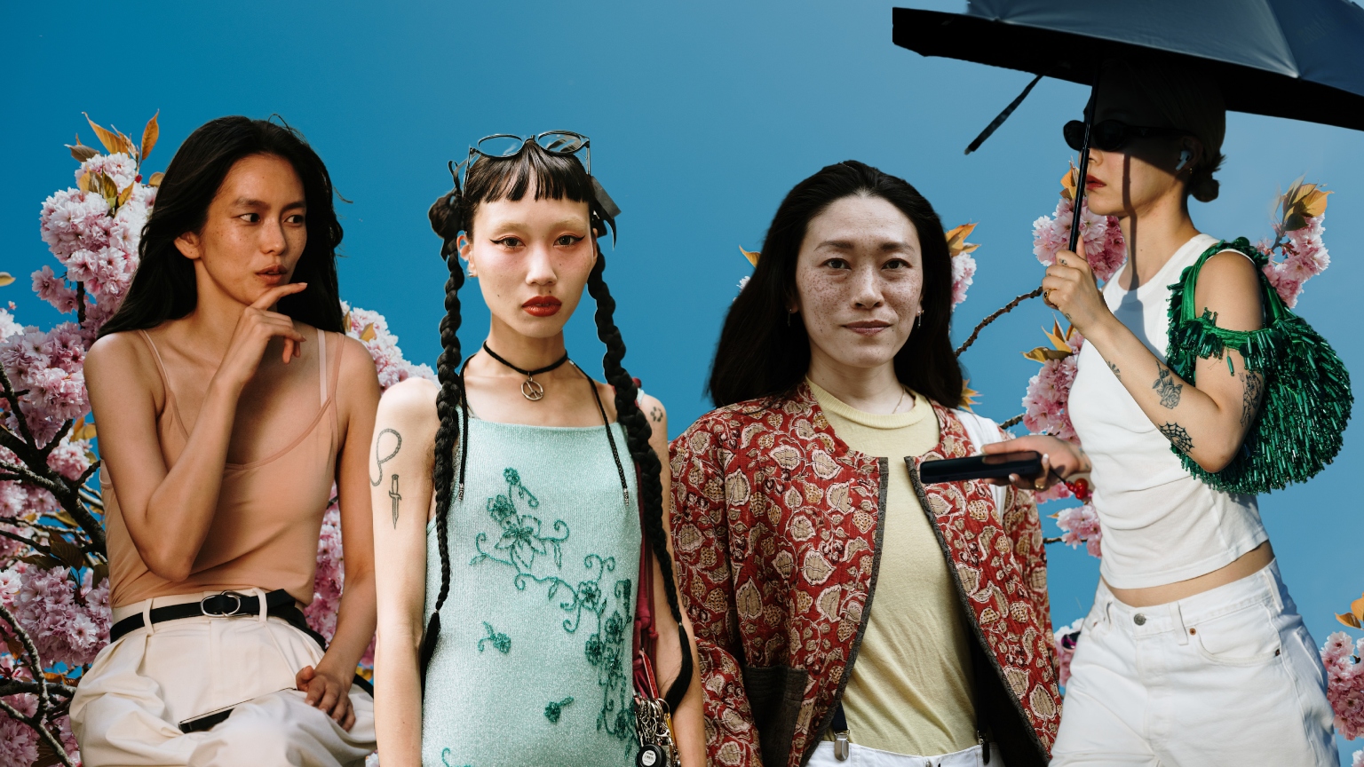 four japanese women on a blue and pink flower background